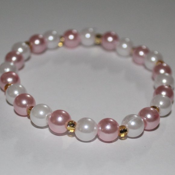 Handmade White and pink kraft pearl bracelet with gold Czech beads - Picture 1 of 2